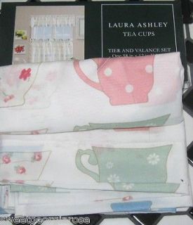 3PCS LAURA ASHLEY Kitchen Curtains Tiers Set TEACUPS Coffee Cup Green