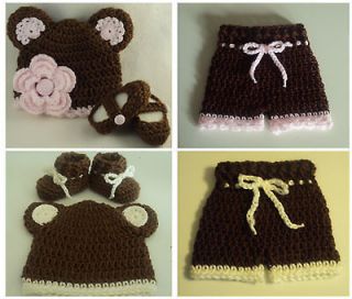Crochet Baby Toddler Girl Boy Brown Ivory Pink Flower Bear Hat Booties