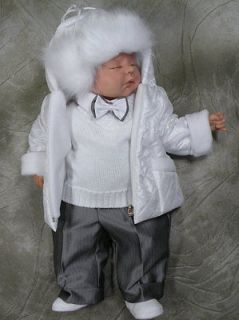 Baby Boy White Christening Winter Jacket and Hat Set Party Pageboy