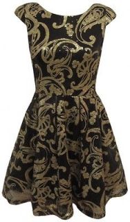 New Baroque Sequin Swirl Cap Sleeve Black & Gold Skater Party Dress 8