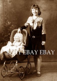 YOUNG GIRL WITH VINTAGE DOLL CARRIAGE STROLLER BUGGY PRAM   DOLL PHOTO