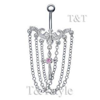 Newly listed T&T Pink CZ Cross Chandelier Dangle Belly Bar Ring BL19B