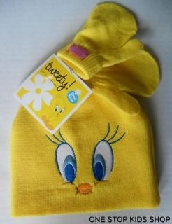 TWEETY BIRD Toddler Girls WINTER SET Hat & Mittens Cap Gloves LOONEY