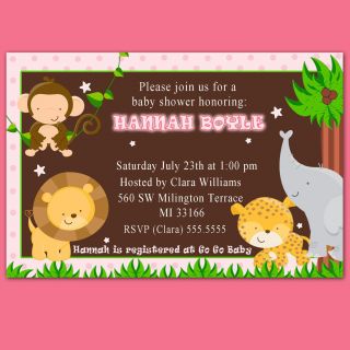 Jungle Safari Birthday Baby Girl Shower Invitations Cards Pink
