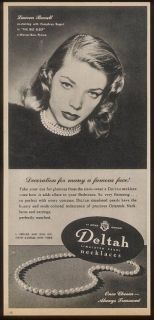 1945 Lauren Bacall photo Deltah costume pearls ad