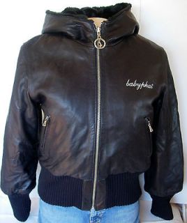 BABY PHAT Black Leather Faux Fur Reversible Hooded Bomber Jacket Coat