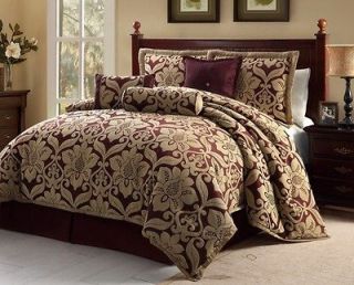 7pc BurgundyGold Oversized Floral Design Comforter Set Queen King Cal
