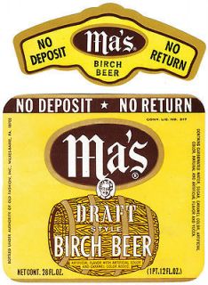 pop bottle label MAs DRAFT BIRCH BEER Wilkes Barre Pa unused n mint+
