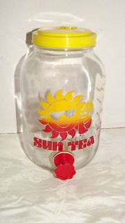 VINTAGE GLASS ONE GALLON SUN TEA JAR WITH YELLOW AND RED SUN