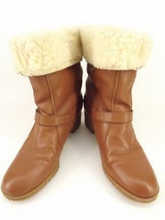 Womens boots medium brown leather fur vintage 7.5 M roll cuff ankle