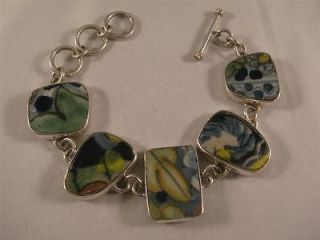 925 Sterling Silver Painted Ceramic Pottery Tile Adj. Link Chain