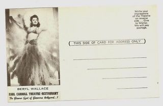 Vintage Postcard BERYL WALLACE AT EARL CARROLL THEATRE RESTAURANT