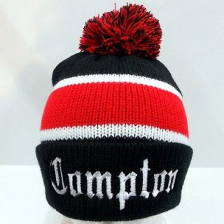 COMPTON Pom Beanie Long Cuffed Knit Beanie Cap Hat Black & Red Stripe