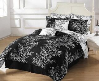 Black White Tree Bed in a Bag Comforter with Sheet Set Twin Size