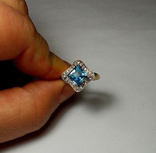 SOLID GOLD Vintage Blue Topaz & Diamond Ring Sz 7 AWESOME RARE FIND