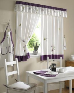 PURPLE IVORY EMBROIDERED FLORAL KITCHEN CURTAINS AND ACCESSORIES