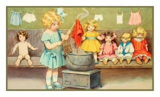 Bessie Pease Gutmanns Illustration of a Young Girl Washing Her Dolls