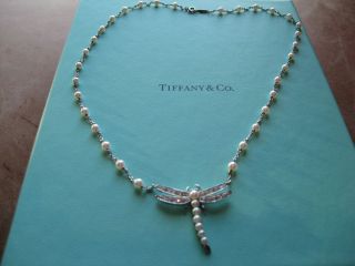 TIFFANY & CO PLATINUM PEARL AND DIAMOND DRAGONFLY NECKLACE WITH BOX