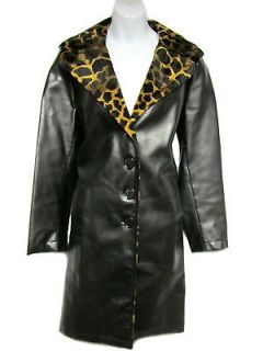 BETSEY JOHNSON Black Faux Leather Leatherette Leopard Fur Collar Coat