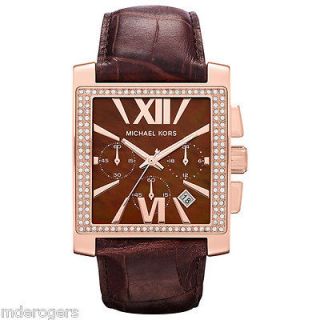 NIB Michael Kors Gia Glitz Crystal Chocolate Leather & Rose Gold Watch