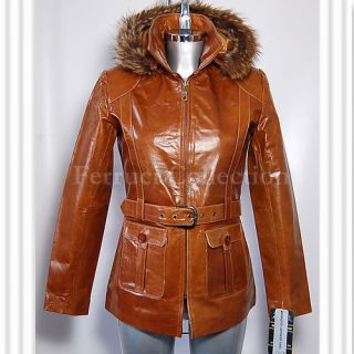 Beyonce Tan Ladies Womens Real Fur Hooded Cowhide Leather Winter