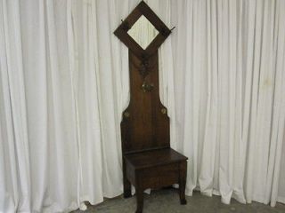 Antique Hall Tree w Bevel Mirror Brass Hooks and Swing Arm Candle