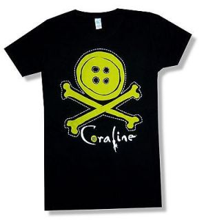 CORALINE LIME GREEN BUTTON LOGO BLACK BABY DOLL T SHIRT NEW OFFICIAL