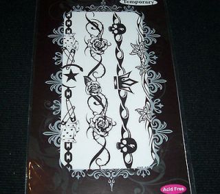 Temporary Tattoo B&W Crown Roses Dice Safety Pin Star   Sheet is 3 1/2