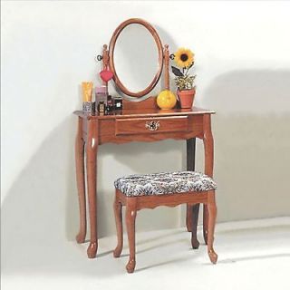 Oak Queen Anne Vanity set with Table & Makeup Bench new