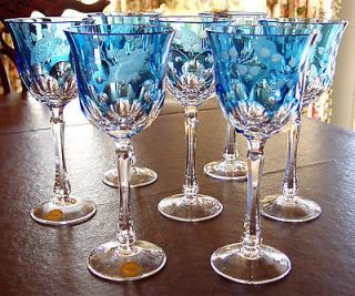VARGA CRYSTAL PRINTEMPS WATER / WINE GLASSES, BLUE, NEW w/TAGS, $