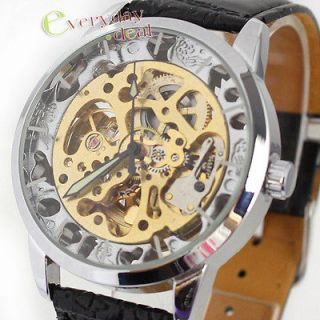 Mens Gold Mechanical Stainless Automatic Silver Skeleton Wrist Watch