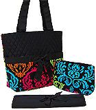 Black Green Pink Blue Orange Damask Quilted Diaper Bag With Changing