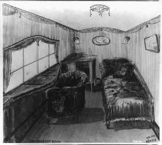 Captains stateroom in a German airship,1919,p hotograph,bed, window
