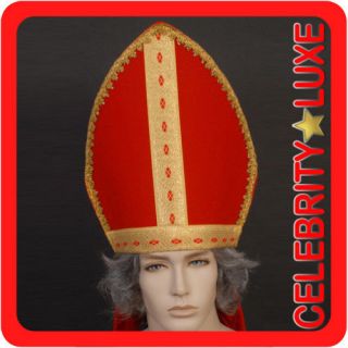 New Mens Red Mitre Pope Bishop Priest Costume Hat Crown Fancy Dress Up