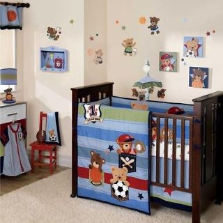 5pc Colorful Blue Stripes & Stars #1 Sport Bears Crib Bedding Set For