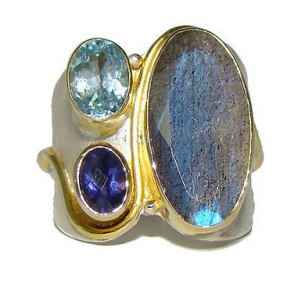 Of A Kind MICHOU SS & 22K Labrador Iolite Topaz Blue Topaz Ring Size 8