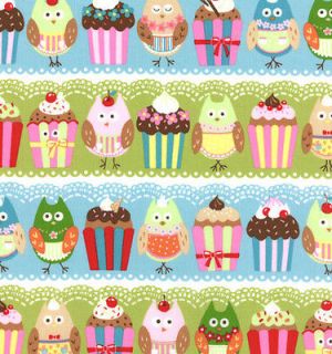 Keiki Cherry On Top Owls Cupcakes Blueberry Pistachio Fabric