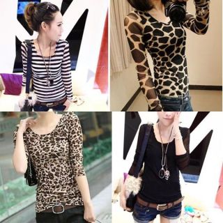 Shirt Sexy Crew Neck Long Sleeve Tops Slim Bottoming Leopard Blouses