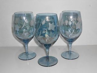 CRYSTAL BLUE LUMINESCENCE ETCHED WATER GOBLETS BLOWN GLASS WINE