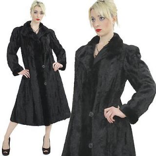 Vintage 30s deco faux fur coat black real fur collar cuffs silk lining