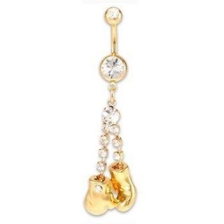 Gold Boxing Gloves Belly Ring Clear CZ Naval Dangle Body Jewelry 14g
