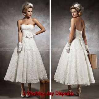 Stock Size UK6 8 10 12 14 16 Lace Tea Length Vintage Wedding Dresses