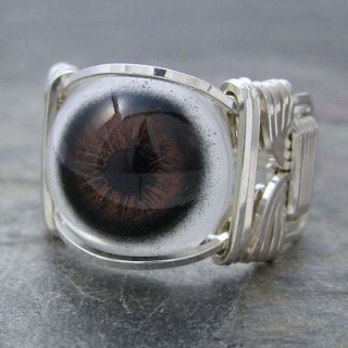 Brown Glass Eye Eyeball Sterling Silver Wire Wrapped Ring ANY Size