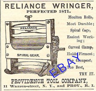VERY OLD 1871 PROVIDENCE RI RELIANCE CLOTHES WRINGER AD