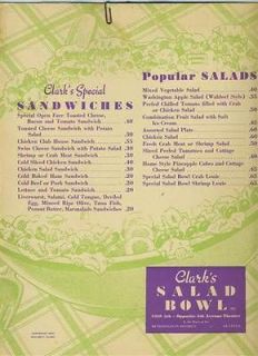 Clarks Salad Bowl Restaurant Menu Seattle Washington 1941