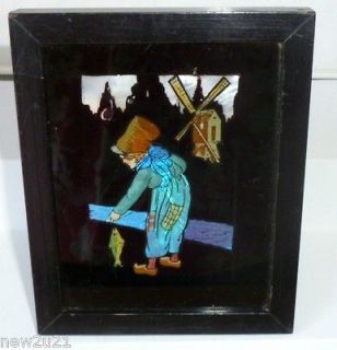 ART DECO BUTTERFLY WING PICTURE DUTCH BOY FISHING WINDMILL HOLLAND