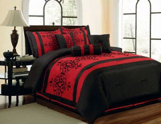 7Pcs Cal King Catherine Flocking Black and Red Comforter Set