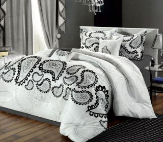 pc Taj White w/ Black Flocked Paisley Print Comforter, Shams, Skirt