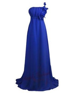 Stylish One Shoulder Beaded Flower Chiffon Evening Dress L Royal Blue
