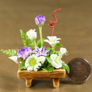 Dollhouse Miniature Rose Calla Lily Flower Arrangement Bouquet Pot 1